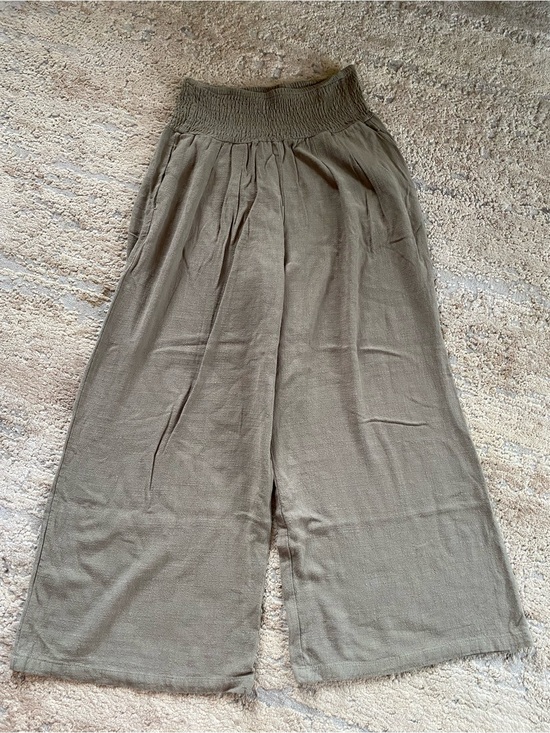 anrabess Pants - Anrabess Olive Green Wide-Leg Smocked-Waist Linen Pants Cropped Length: Small